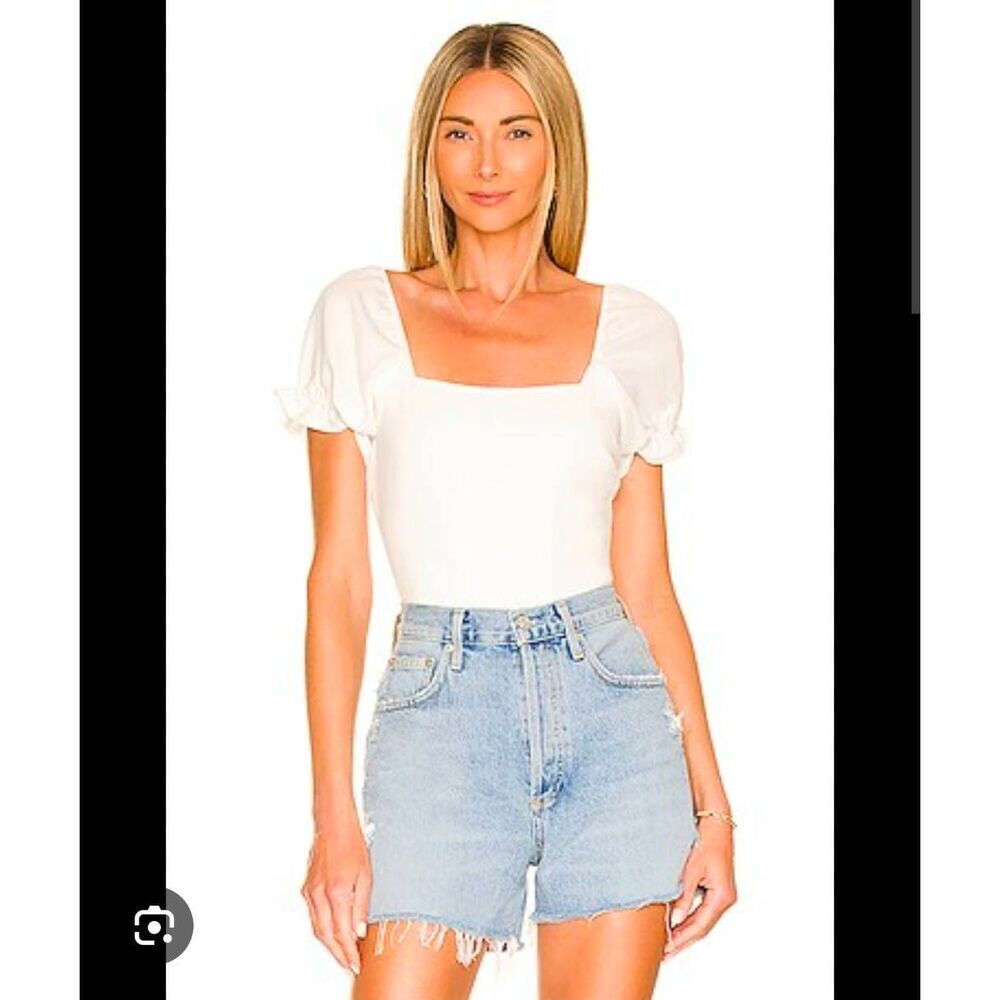 Show Me Your Mumu White Puff Sleeve Bodysuit L Square Neck Stretch One Piece Mad